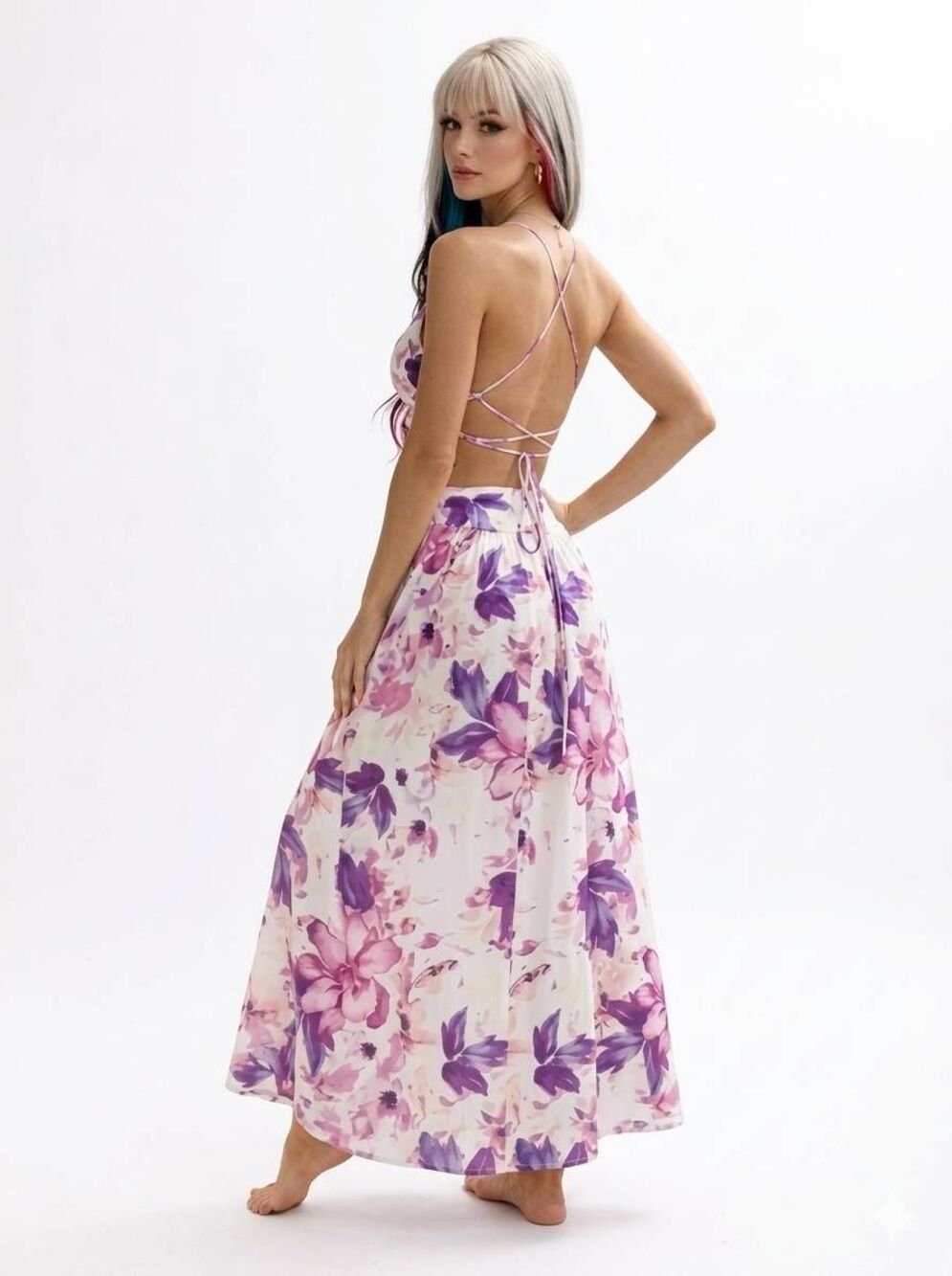 🩵NWT Purple & Pink Floral Crisscross Strappy Backless Maxi Dress Small